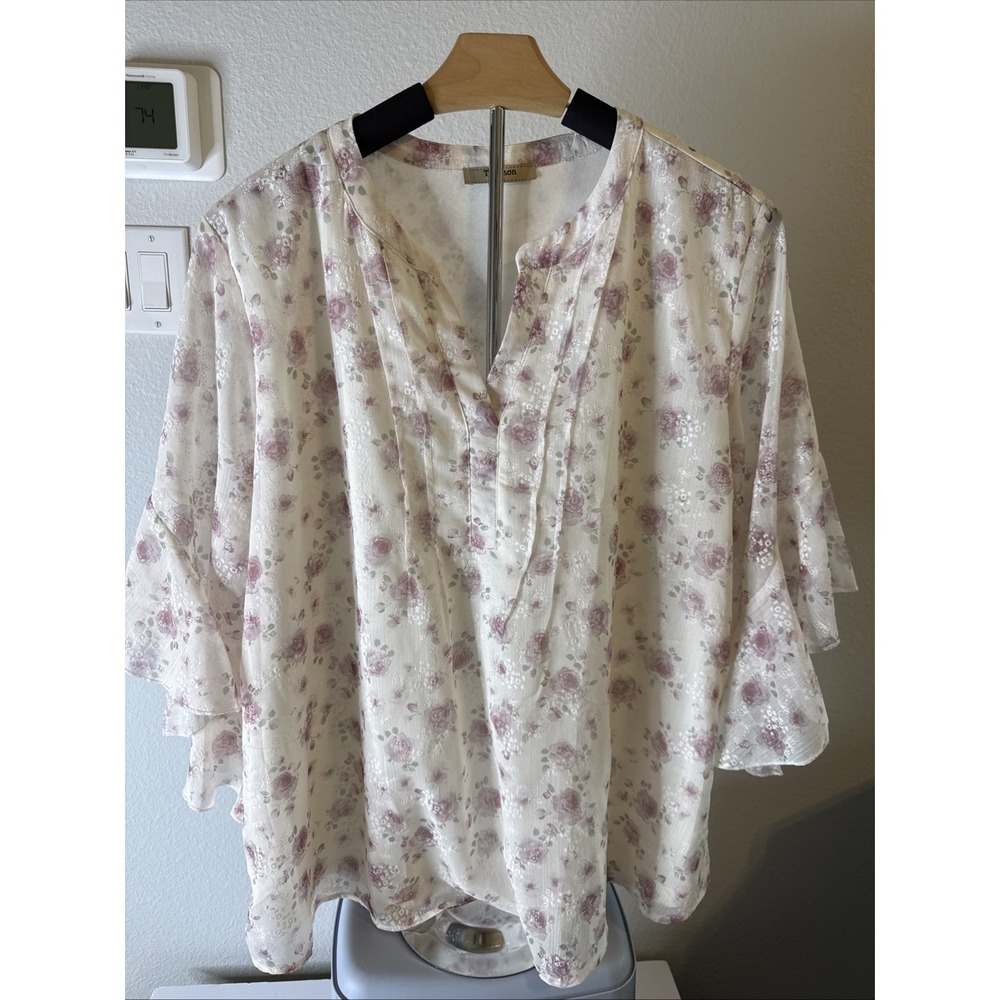 Timeson Women's Chiffon Floral Pink Loose Blouse Lined Flutter Sleeves Size XL